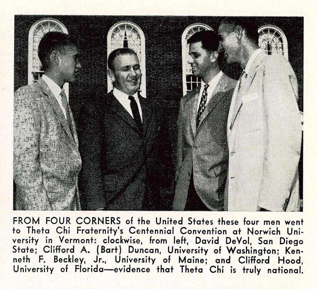 Four Theta Chi fraternity members at a convention.