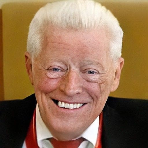 Smiling elderly man with white hair and suit.