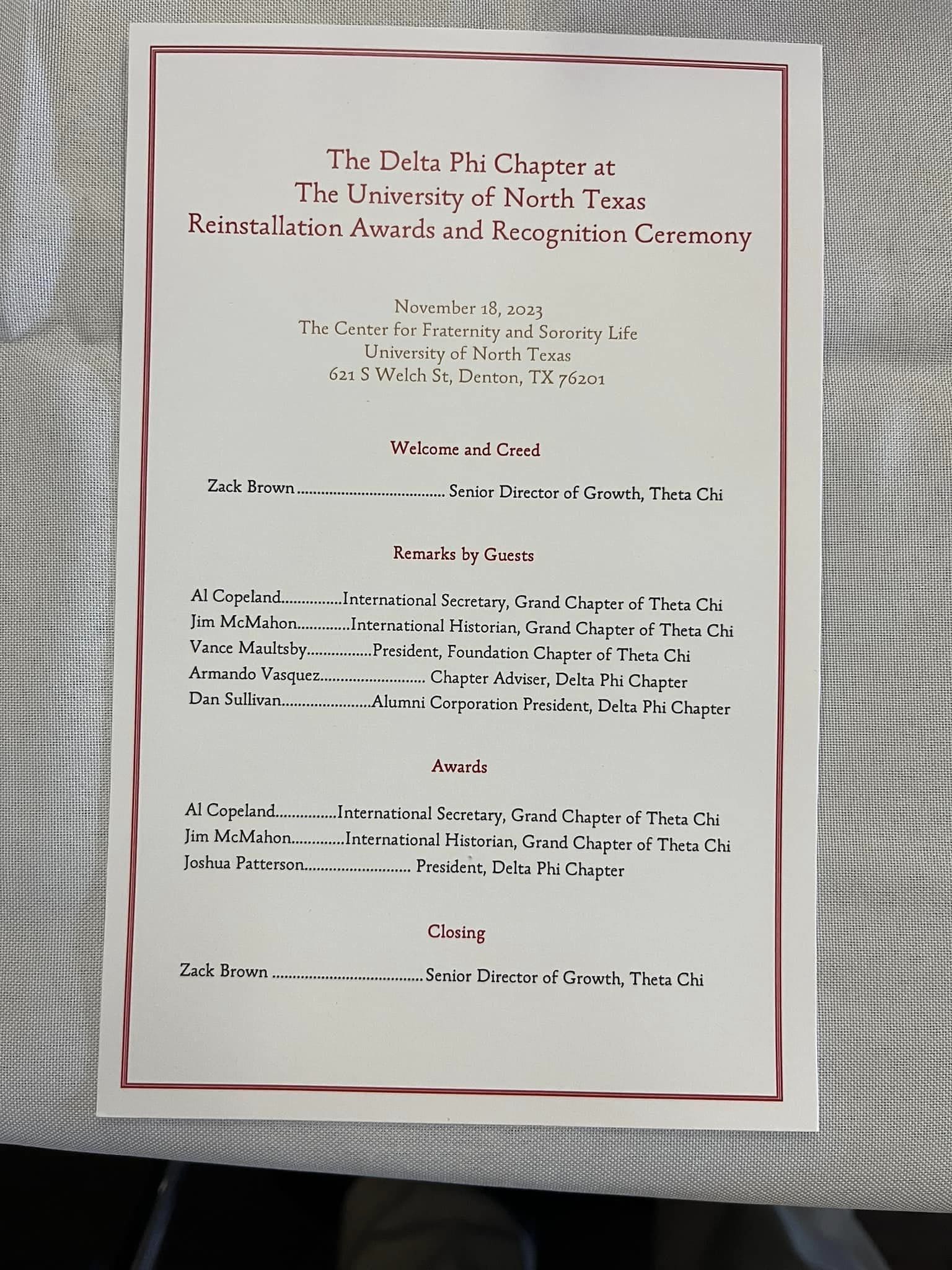 Delta Phi Chapter recognition ceremony program at UNT.