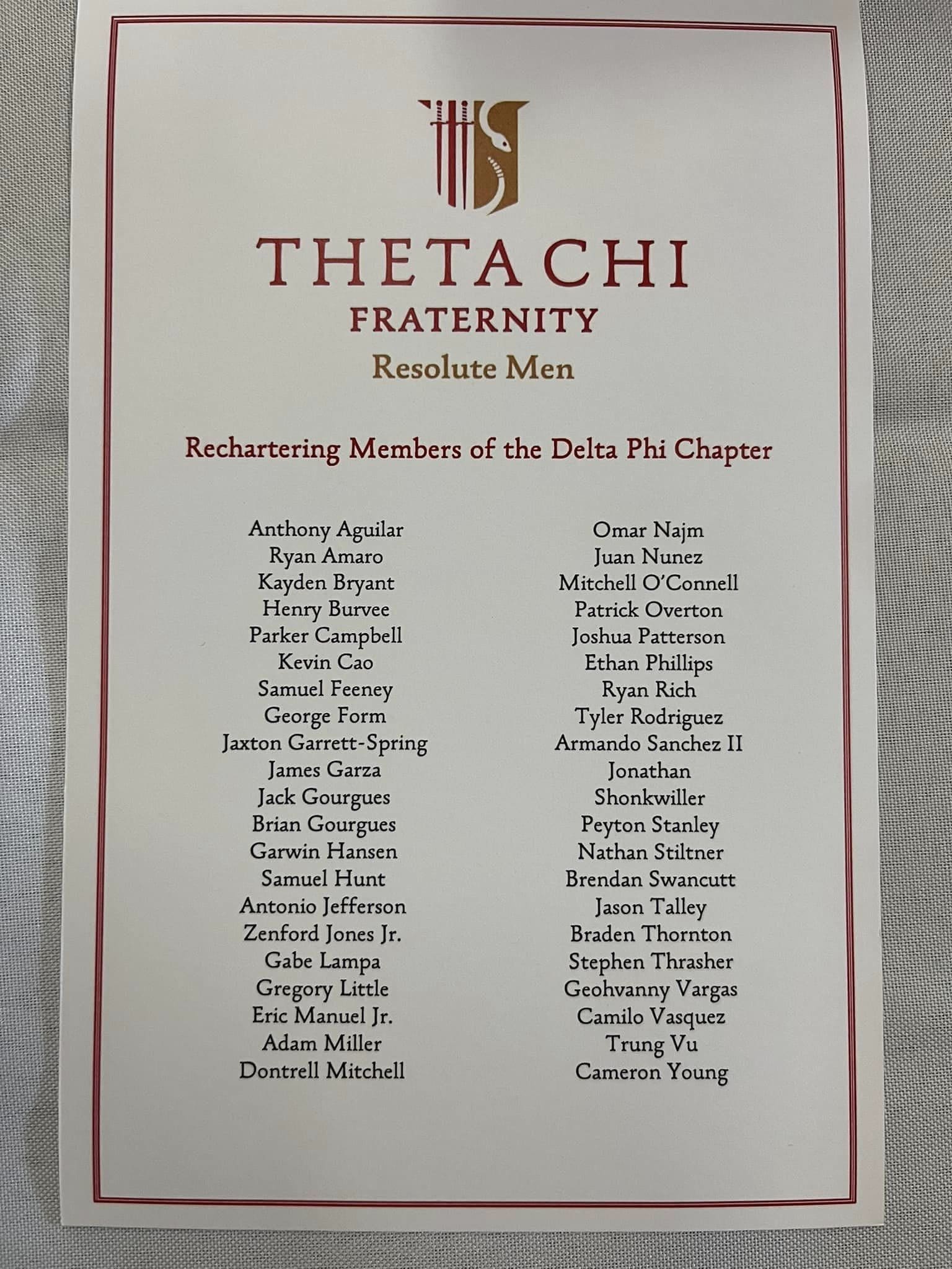 Theta Chi Fraternity Delta Phi Chapter rechartering members list