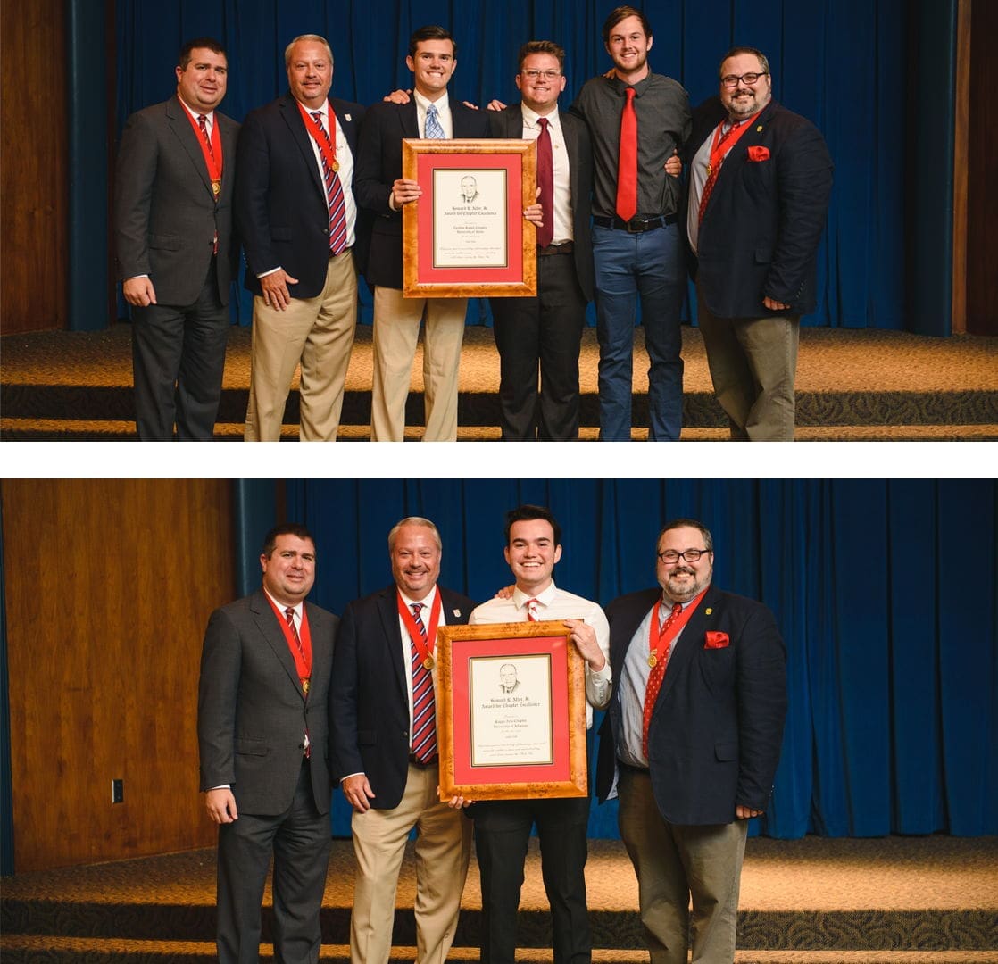 Group of men celebrating an award presentation.