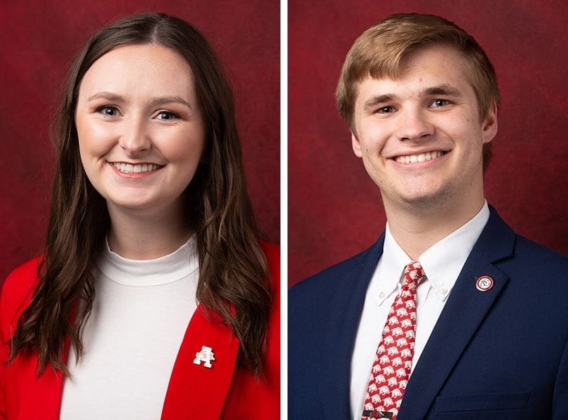Jared Pinkerton - Arkansas Two professional headshots with red backgrounds.