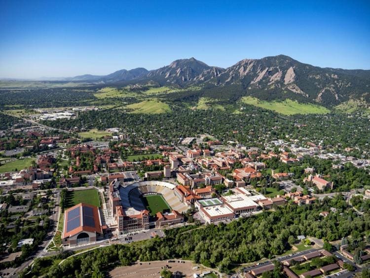 Aerial view of Boulder, Colorado and surrounding mountains.
