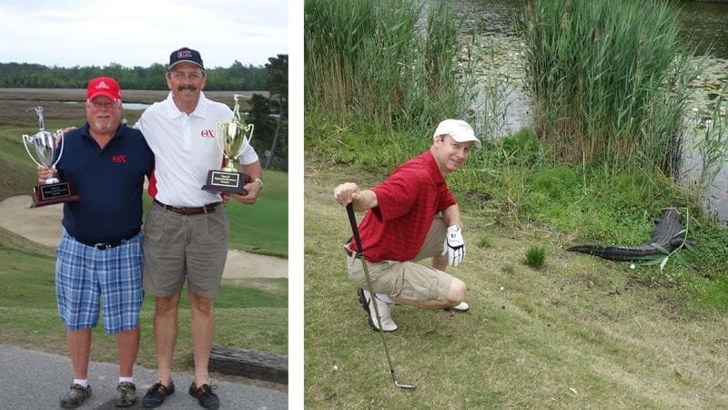 Golfer holding trophy and preparing to swing.