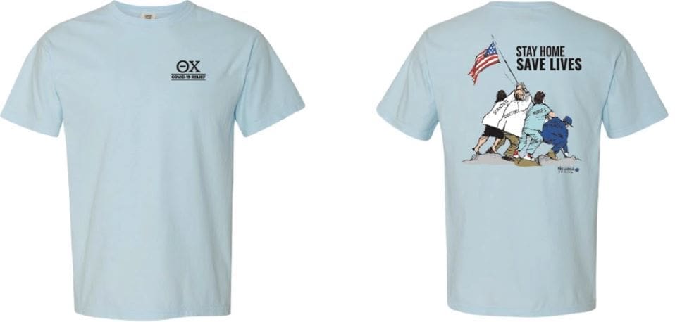 Light blue t-shirt featuring graphic and logo design.