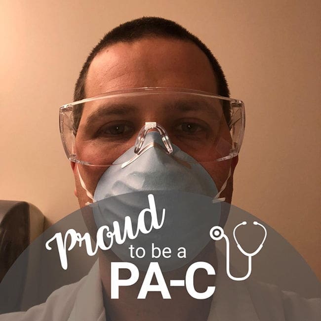 Drew Bordner - Eta Mu - Findlay Healthcare professional wearing mask and protective gear.
