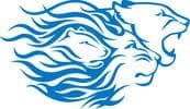 Blue lion logo with flowing mane design.