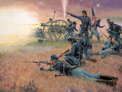 Civil War soldiers engaging in battle with cannons.