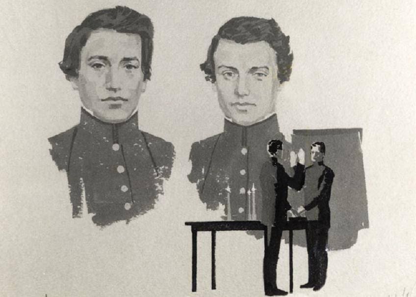 Historical figures discussing in an artistic illustration.