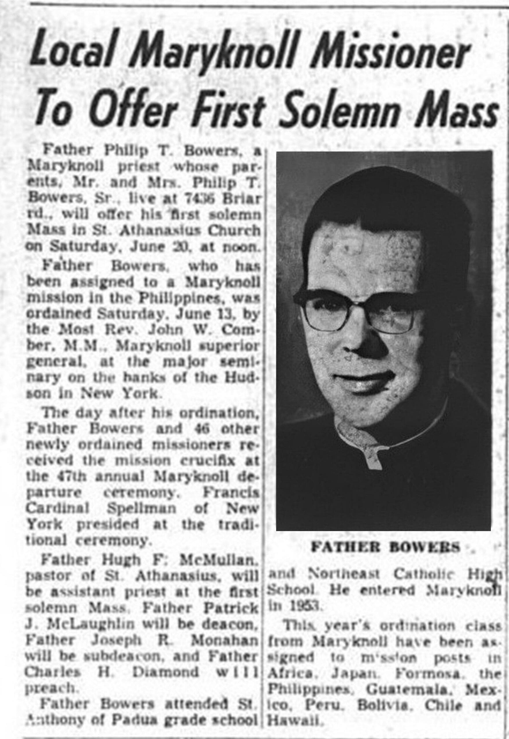 Father Philip T. Bowers' first solemn Mass announcement.