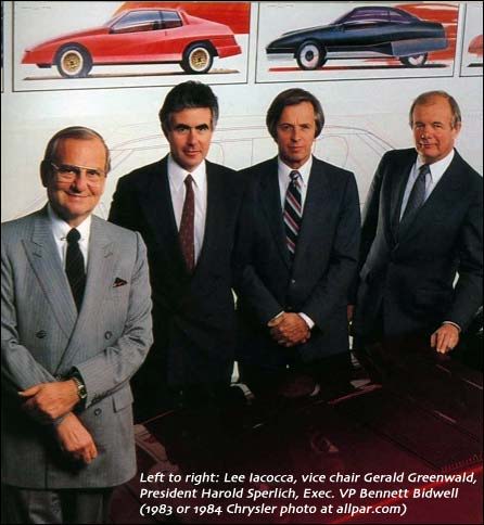 Lee Iacocca Corporate leaders posing with car models in background.