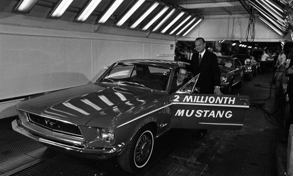 Lee Iacocca 1967 Ford Mustang celebrating production milestone.
