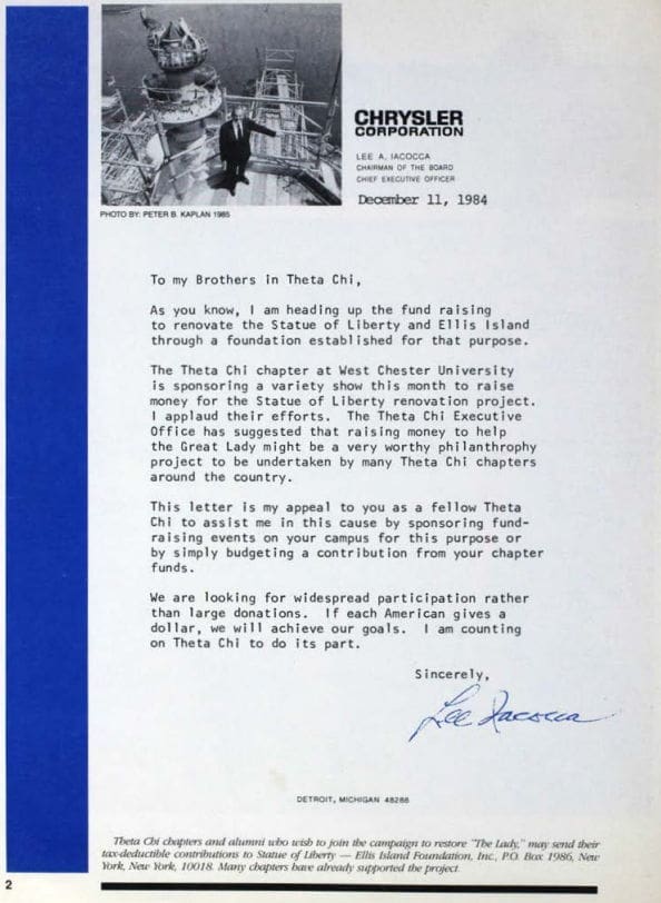 Lee Iacocca Letter from Theta Chi chapter fundraising for Liberty Island.