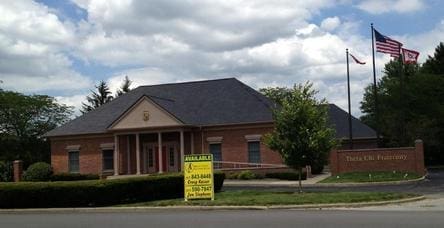 Commercial building with available signage and flags.