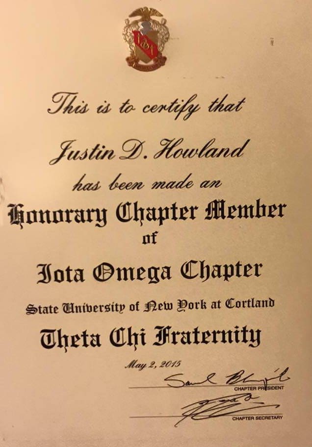 Honorary membership certificate for Theta Chi Fraternity.
