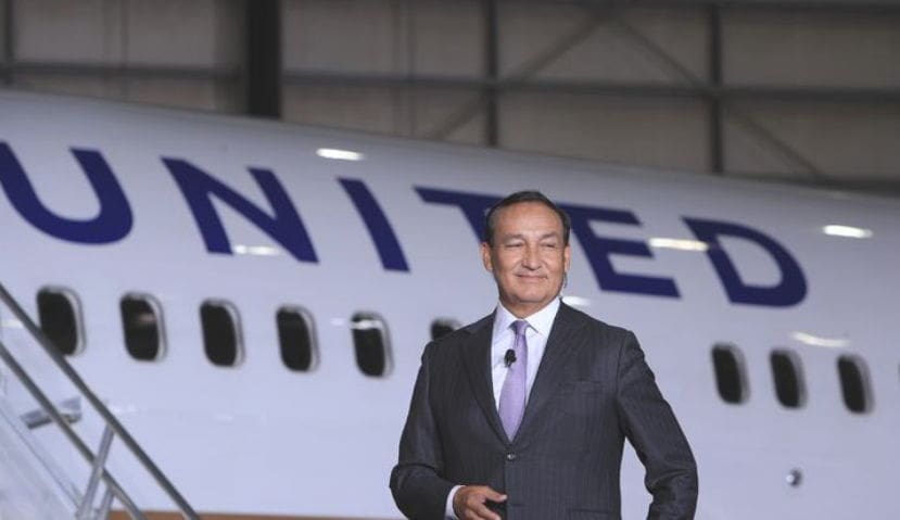 United Airlines executive speaking at press event.