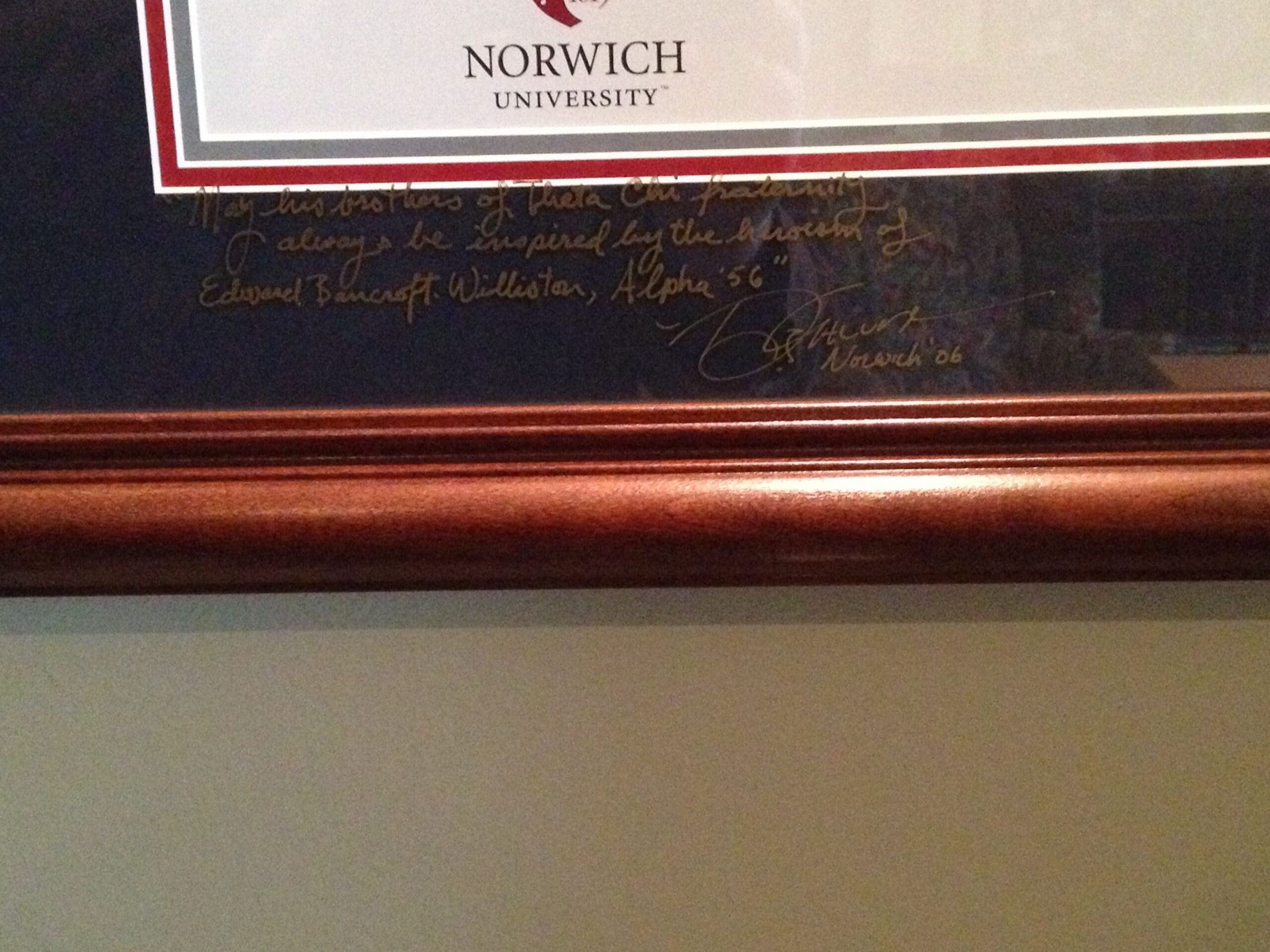 Norwich University framed certificate with handwritten note.