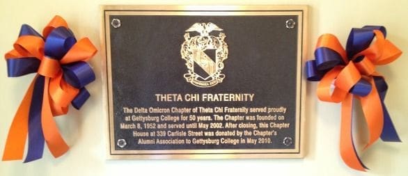 Theta Chi Fraternity plaque honoring 50 years at Gettysburg College.