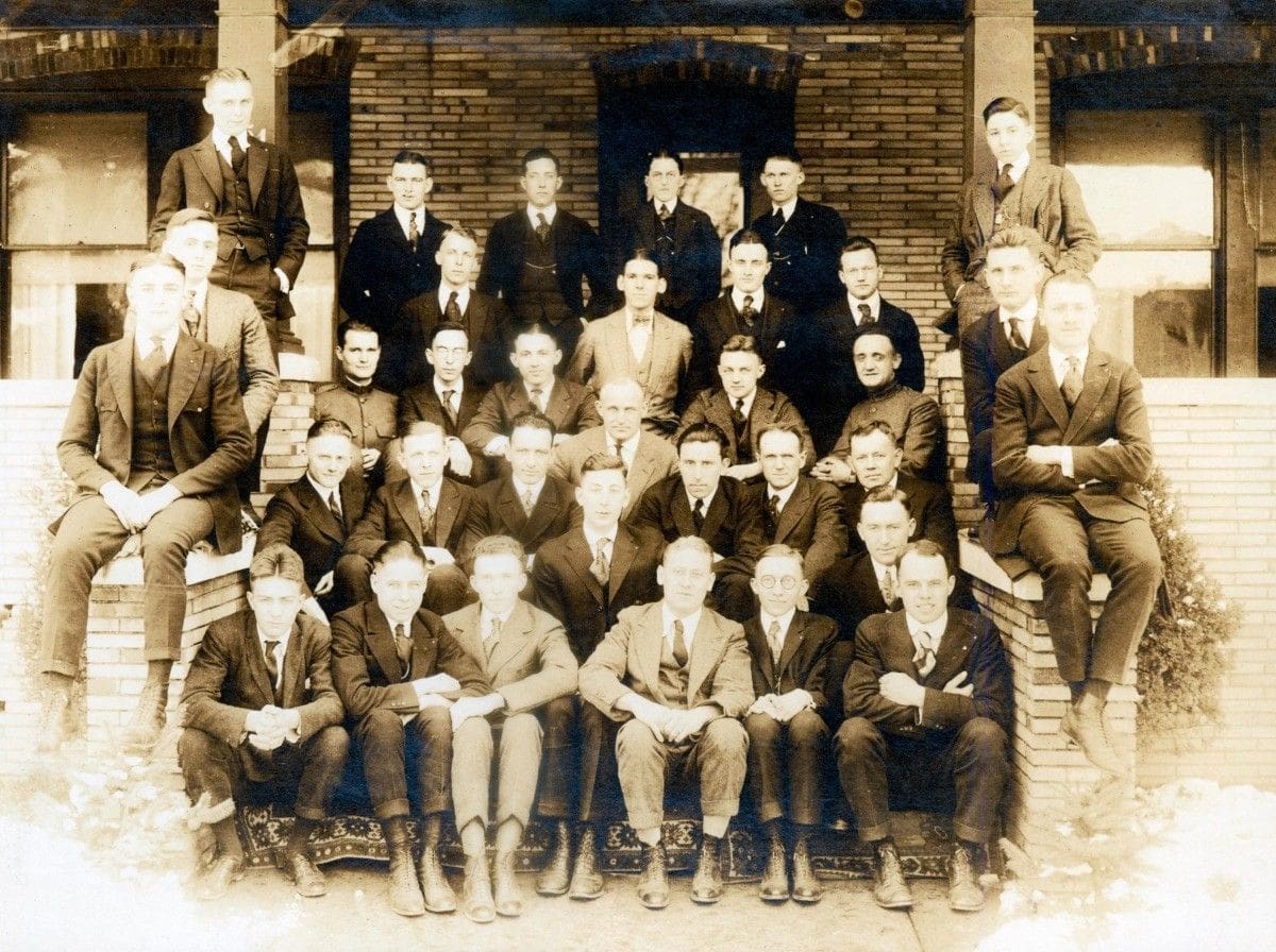 Penn State - Installation Group portrait of men in early 20th century attire.