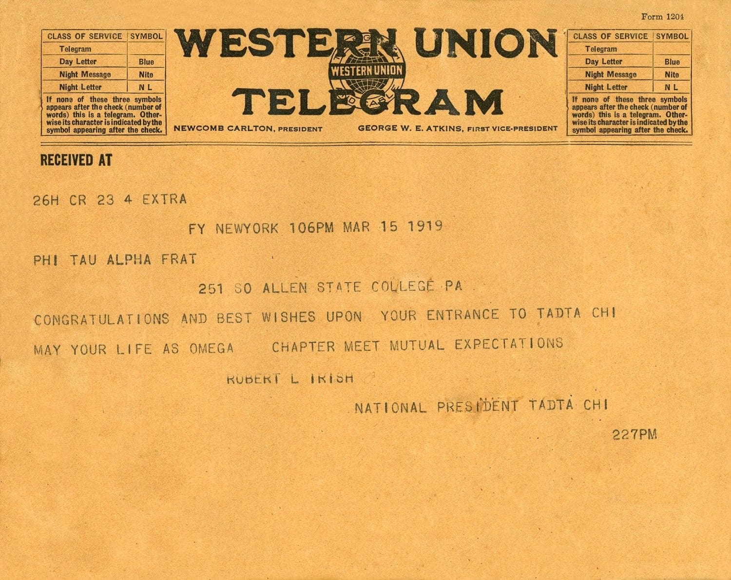 Penn State - Installation Western Union telegram congratulating Tau Alpha Fraternity member.