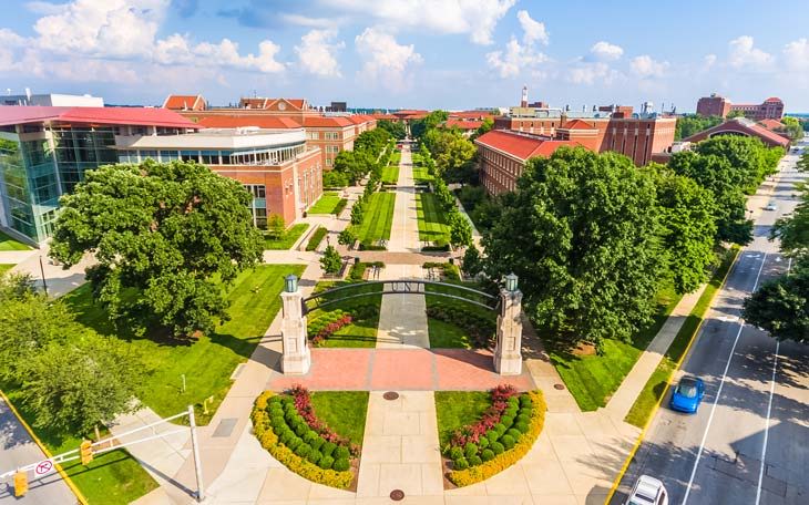 Aerial view of a university campus pathway.