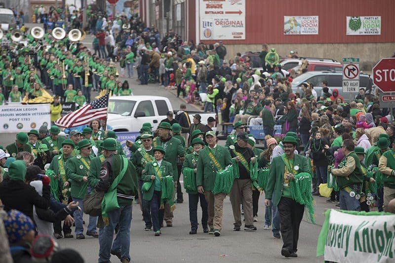Rolla St. Pats St. Patrick's Day parade with participants in green.