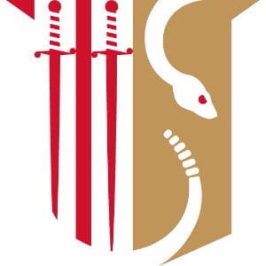 Symbolic logo featuring swords and a snake design.