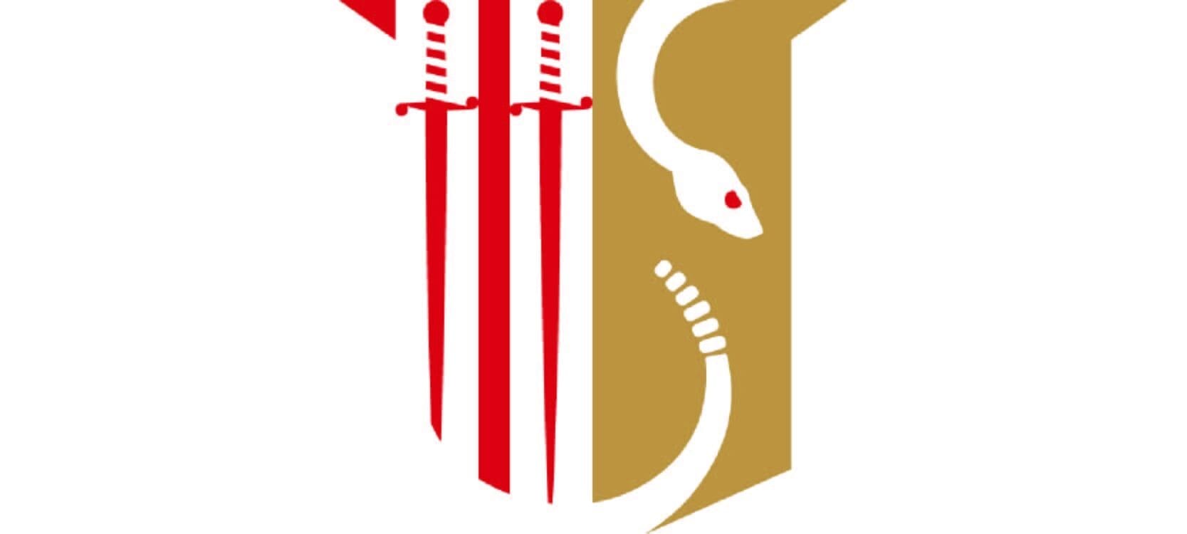 Theta Chi Shield for Chapters 5-9- Stylized emblem featuring swords and a serpent.