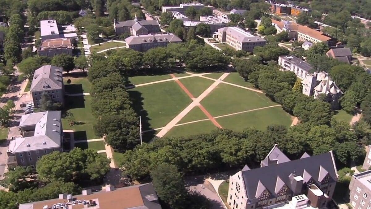 Aerial view of a university campus green space.