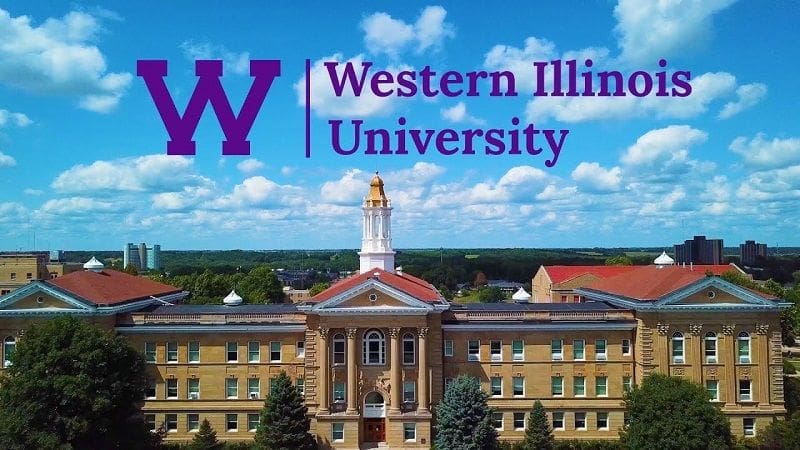 Western Illinois University campus aerial view with logo.