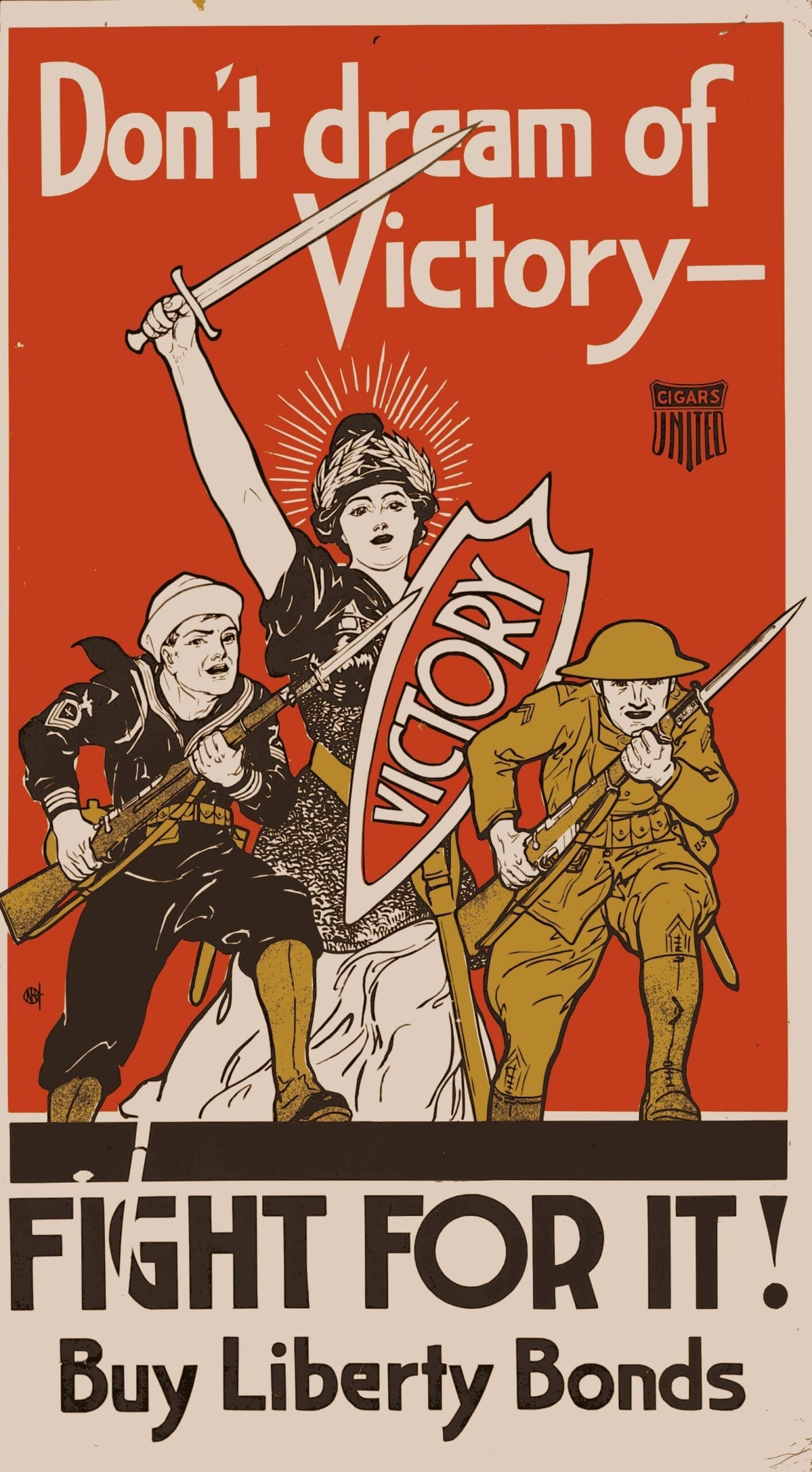 WWI Poster Historical propaganda poster depicting soldiers and victory.