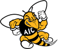 AIC mascot bee flexing muscles in sports attire.