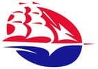 Stylized sailboat logo in red and blue colors.
